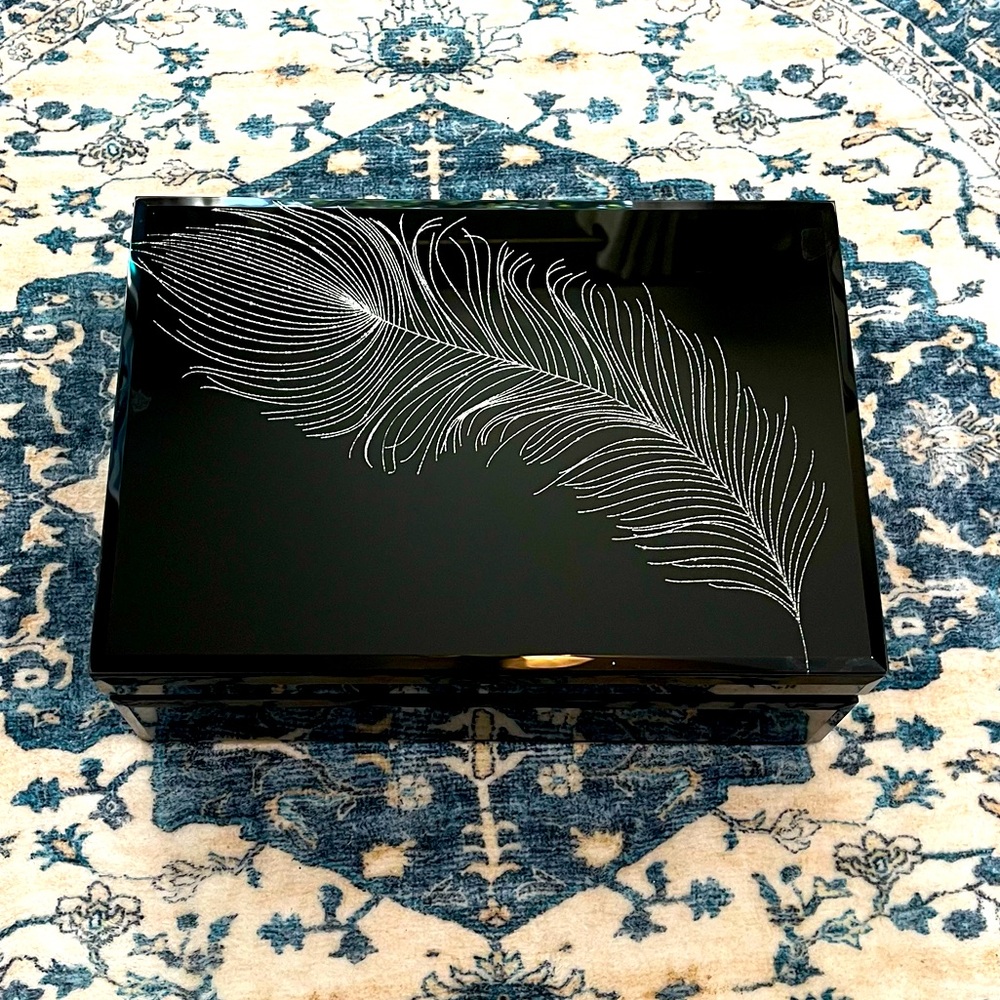 Max Studio Lacquered Black Silver Sparkle Feather Feminine Jewelry Box Organizer